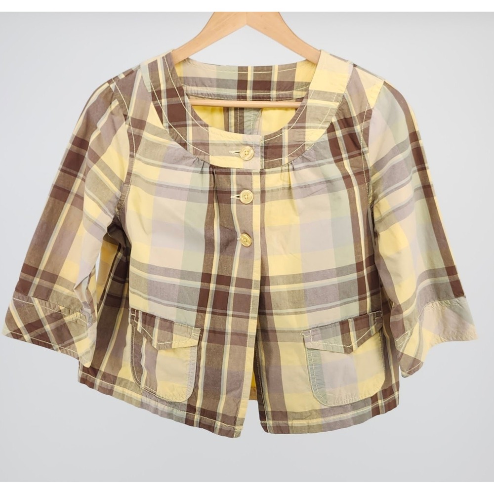 Yellow Brown Plaid Cropped Jacket 3/4 Sleeve Button Front Flap‎ Pockets Womens